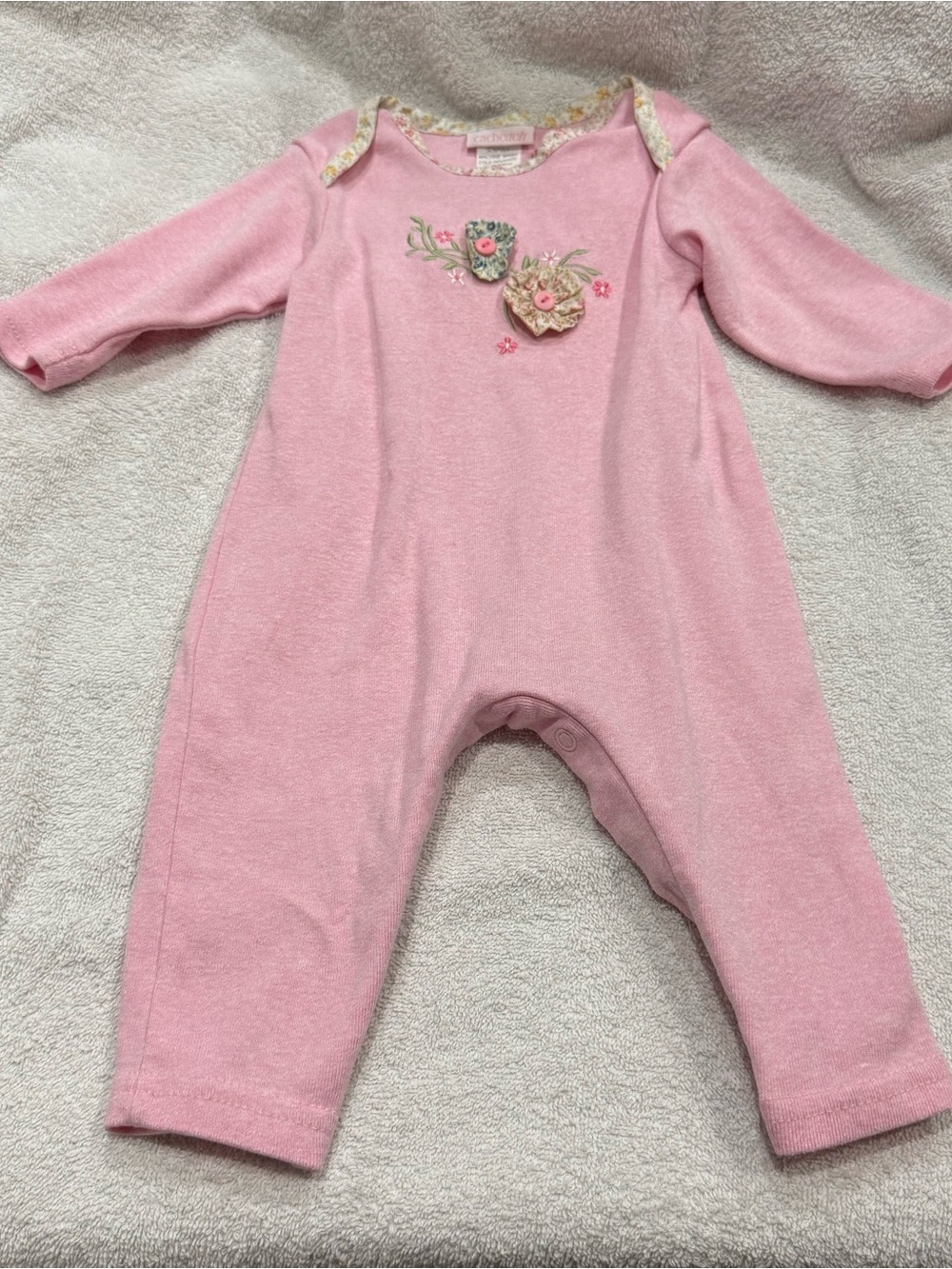 Cachcach Soft Pink Floral Appliqué Baby Footie One-Piece 9 months
